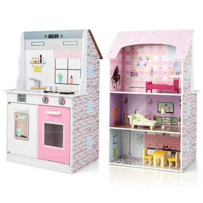 Costway Kids Kitchen Playset & Dollhouse 2-In-1 W/ Accessories & Furniture For Toddlers - Image 5
