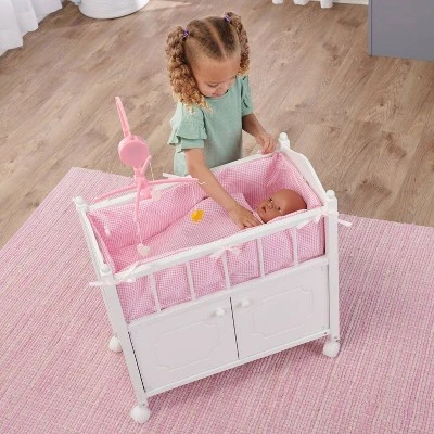 Badger Basket Cabinet Doll Crib With Gingham Bedding And Free Personalization Kit - White/Pink - Image 3