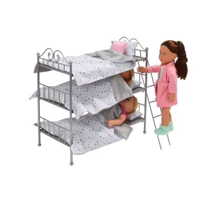 Badger Basket Scrollwork Metal Triple Doll Bunk Bed With Ladder And Bedding - Silver/Pink/Stars - Image 2