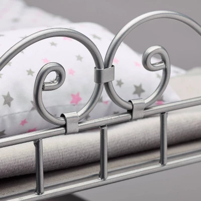 Badger Basket Scrollwork Metal Triple Doll Bunk Bed With Ladder And Bedding - Silver/Pink/Stars - Image 6