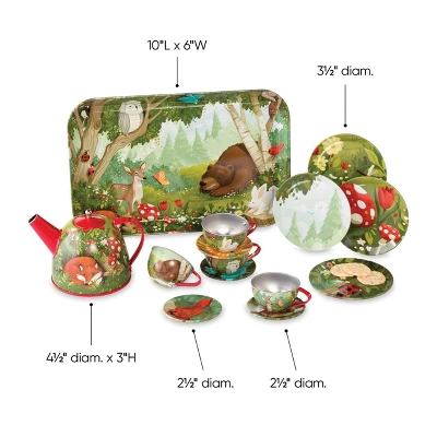 HearthSong 15-Piece Woodland-Themed Tin Tea Set For Kids With Carrying Case - Image 2