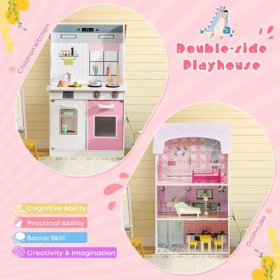 Costway Kids Kitchen Playset & Dollhouse 2-In-1 W/ Accessories & Furniture For Toddlers - Image 4