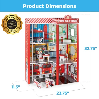 Best Choice Products 32in Kids 3-Story Pretend Wooden Fire Station Play Set Toy, W/ 2 Vehicles, 12 Accessories, 5 Rooms - Image 6