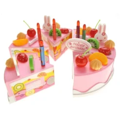 Insten 75 Piece Toy Birthday Fruit Decorate Cake, Pretend Desserts Play Food Playset, Pink