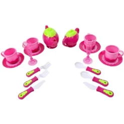 Link Ready! Set! Play!18 Piece Deluxe Pink Tea Set For Kids With Tea Pots, Cups, Dishes And Kitchen Utensils