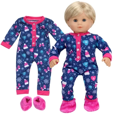 Sophia’s Hot Cocoa Pajama Onesie With Fuzzy Slippers For 15” Baby Dolls, Navy/Hot Pink - Image 3