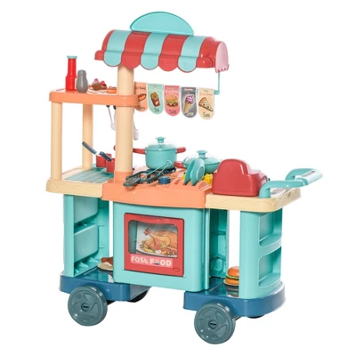 Qaba Kids Kitchen Food Stand With Play Food, Money, Cash Register, Accessories Ages 3- 6 - Image 2
