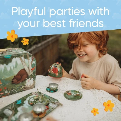HearthSong 15-Piece Woodland-Themed Tin Tea Set For Kids With Carrying Case