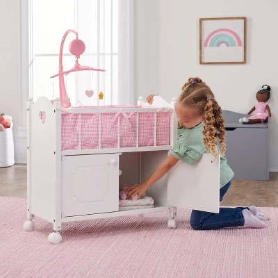 Badger Basket Cabinet Doll Crib With Gingham Bedding And Free Personalization Kit - White/Pink - Image 2
