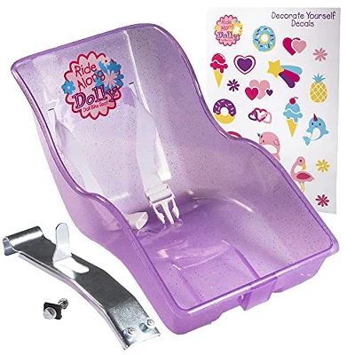 SCS Direct Doll Bike Seat (Purple Glitter) With Decorate Yourself Decals - Fits Virtually All Kids Bikes Easily - For American Girl And 18" Dolls And Stuffed Animals