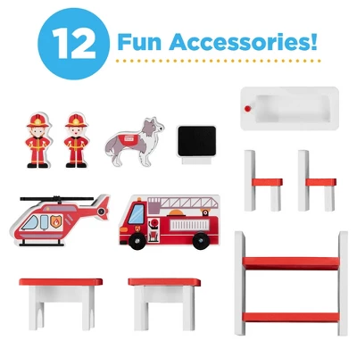 Best Choice Products 32in Kids 3-Story Pretend Wooden Fire Station Play Set Toy, W/ 2 Vehicles, 12 Accessories, 5 Rooms - Image 2
