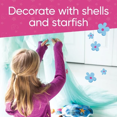 HearthSong Mermaid Blue Scalloped Gauze Canopy With LED Lights And Decorative Applique And Cute Shells And Starfish - Image 3