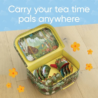 HearthSong 15-Piece Woodland-Themed Tin Tea Set For Kids With Carrying Case - Image 5