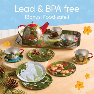 HearthSong 15-Piece Woodland-Themed Tin Tea Set For Kids With Carrying Case - Image 6