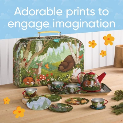 HearthSong 15-Piece Woodland-Themed Tin Tea Set For Kids With Carrying Case - Image 4