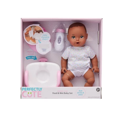 Perfectly Cute Feed & Wet 14" Baby Set - Brunette With Brown Eyes
