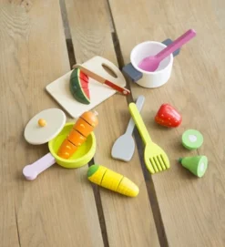 HearthSong 12-Piece Painted Wooden Culinary Play Set With Fruits, Vegetables, And Utensils